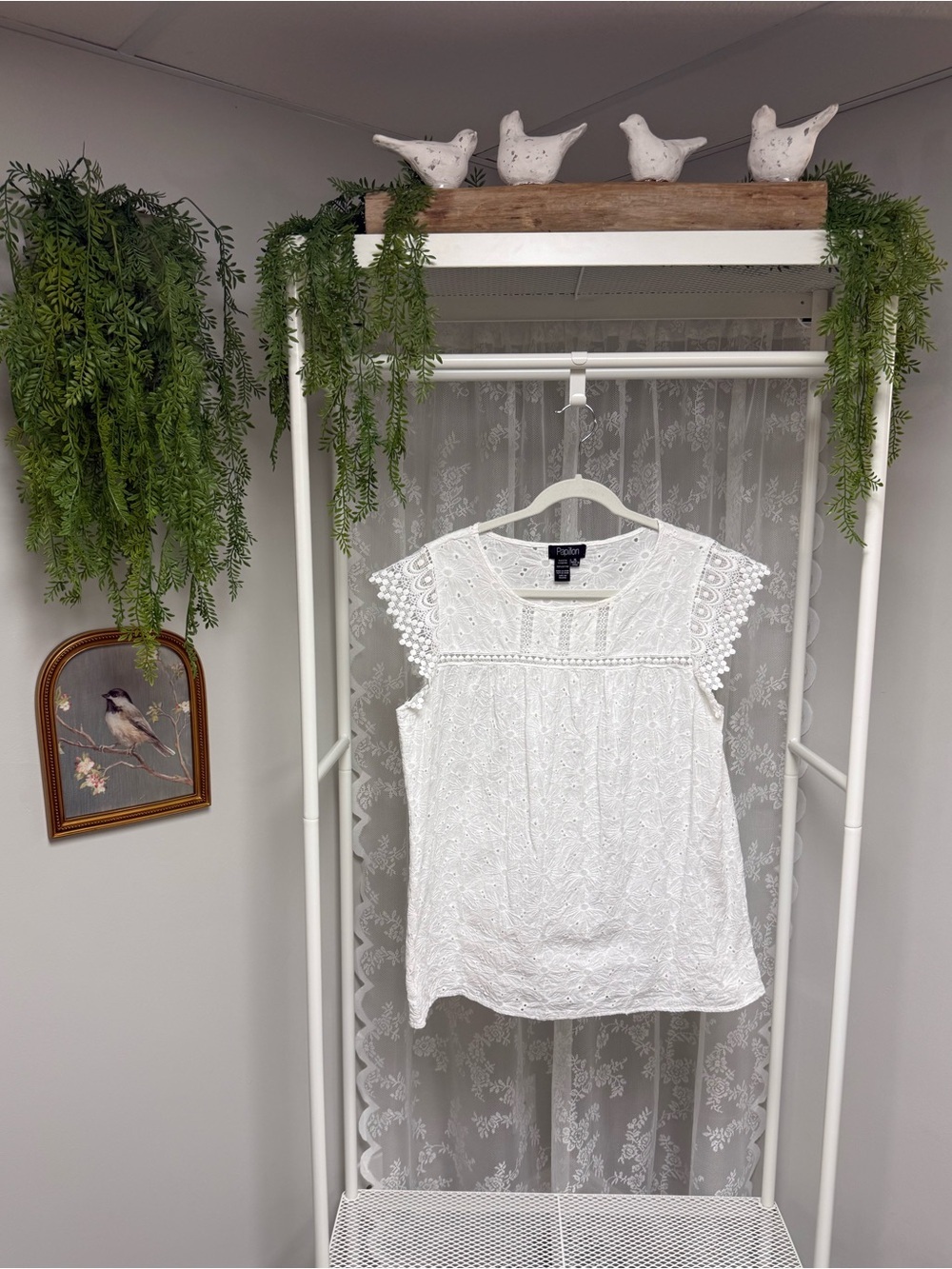 Papillon Sleeveless Eyelet Lace a-Line Babydoll Blouse Floral Pattern Cotton XL